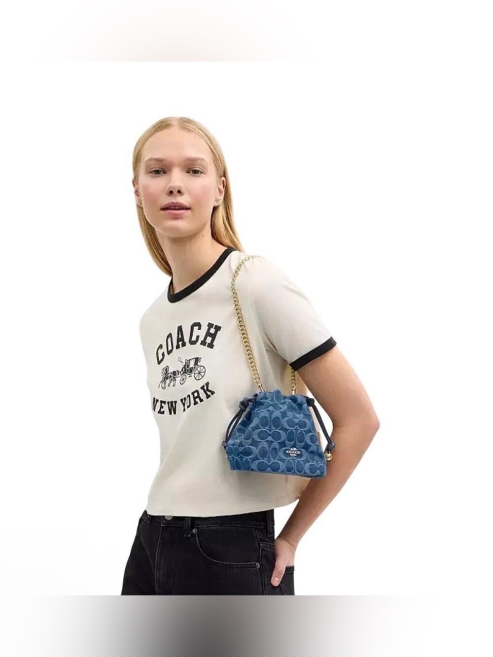 NEW Coach Faye Mini Denim Dual Strap Chain & Leather Drawstring Bucket Bag - Picture 6 of 7